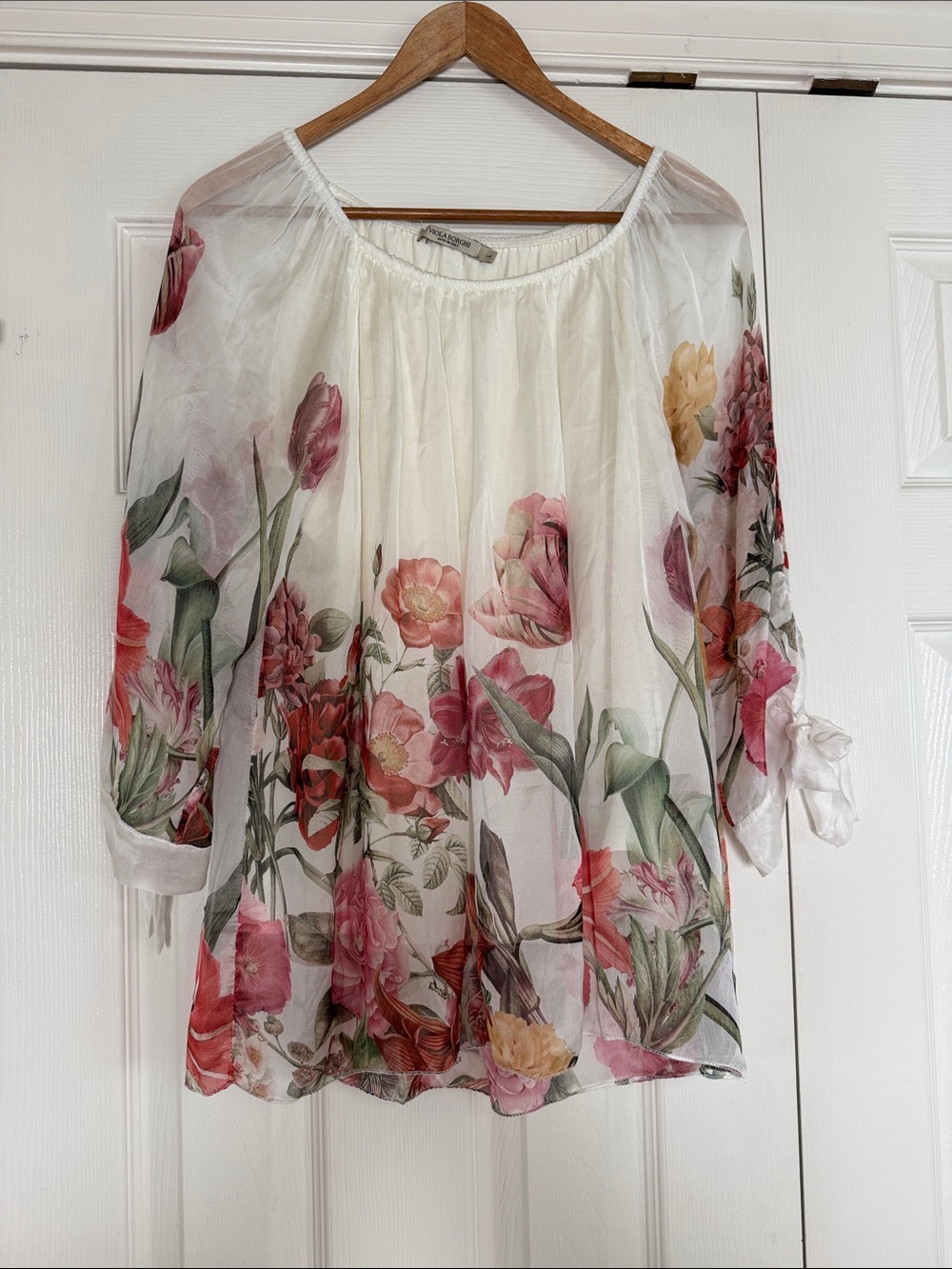 Viola Borghi Italy Silk Blend Floral Sheer Blouse Tie Cuff Top Size L